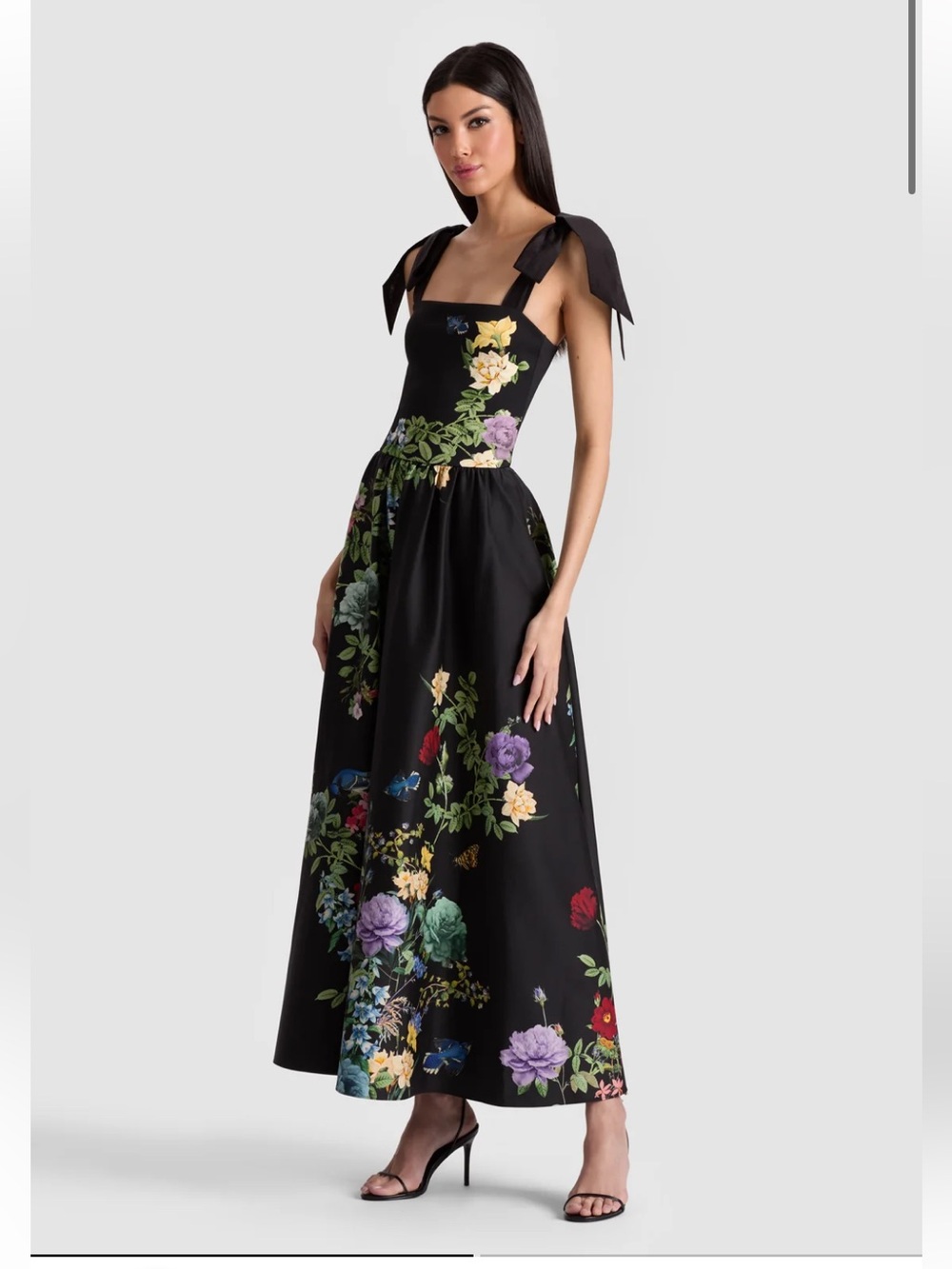 Alice + Olivia Oriana Drop Waist Black Floral Tie-Shoulder Midi Dress Formal